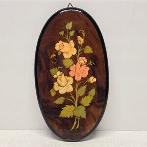 Vintage Miss Bellevue Sorrento Italian Wooden Inlaid Floral Art Lacquered Plaque